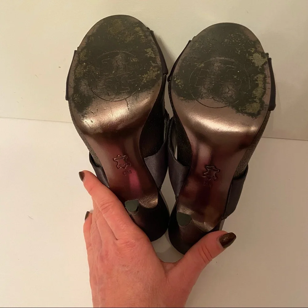 TORY BURCH SHOES HIGH HEELS SILVER LEATHER BLACK GEMS BUCKLE STRAP SIZE 6 M